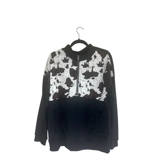 Unisex XL Cow Print Quarter-Zip Pullover Sweatshirt Black White Polyester - Picture 3 of 15